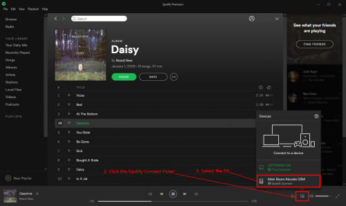 Spotify desktop app showing a DS available in the Spotify Connect Picker.