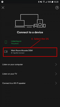 Spotify mobile app showing a DS available in the Spotify Connect View.